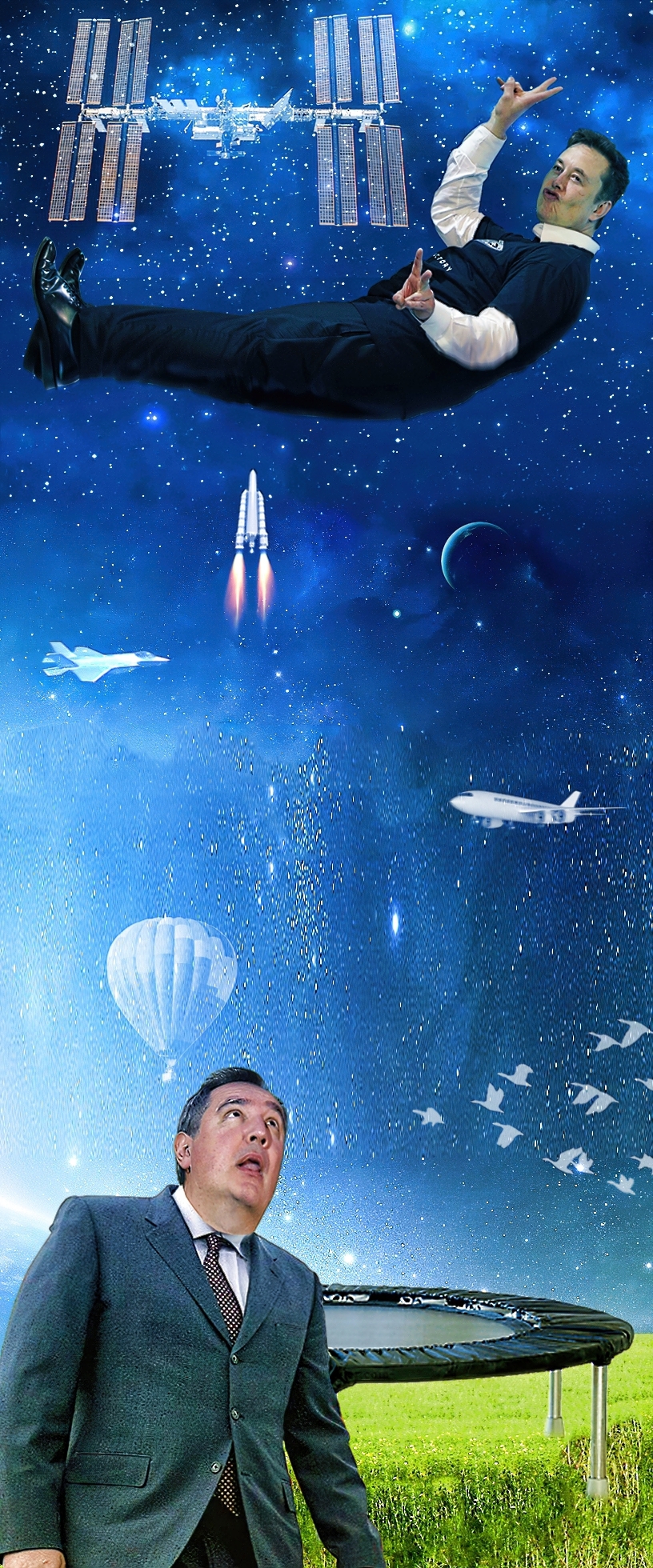 The trampoline is working - My, Elon Musk, Trampoline, Dmitry Rogozin, Spacex, Space, Collage, Photoshop, Images, Longpost