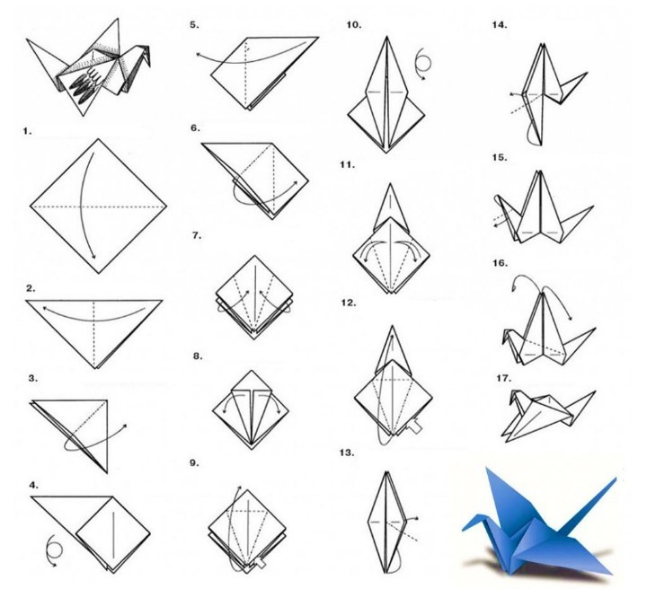 Журавлик из бумаги - схема сборки оригами по шагам