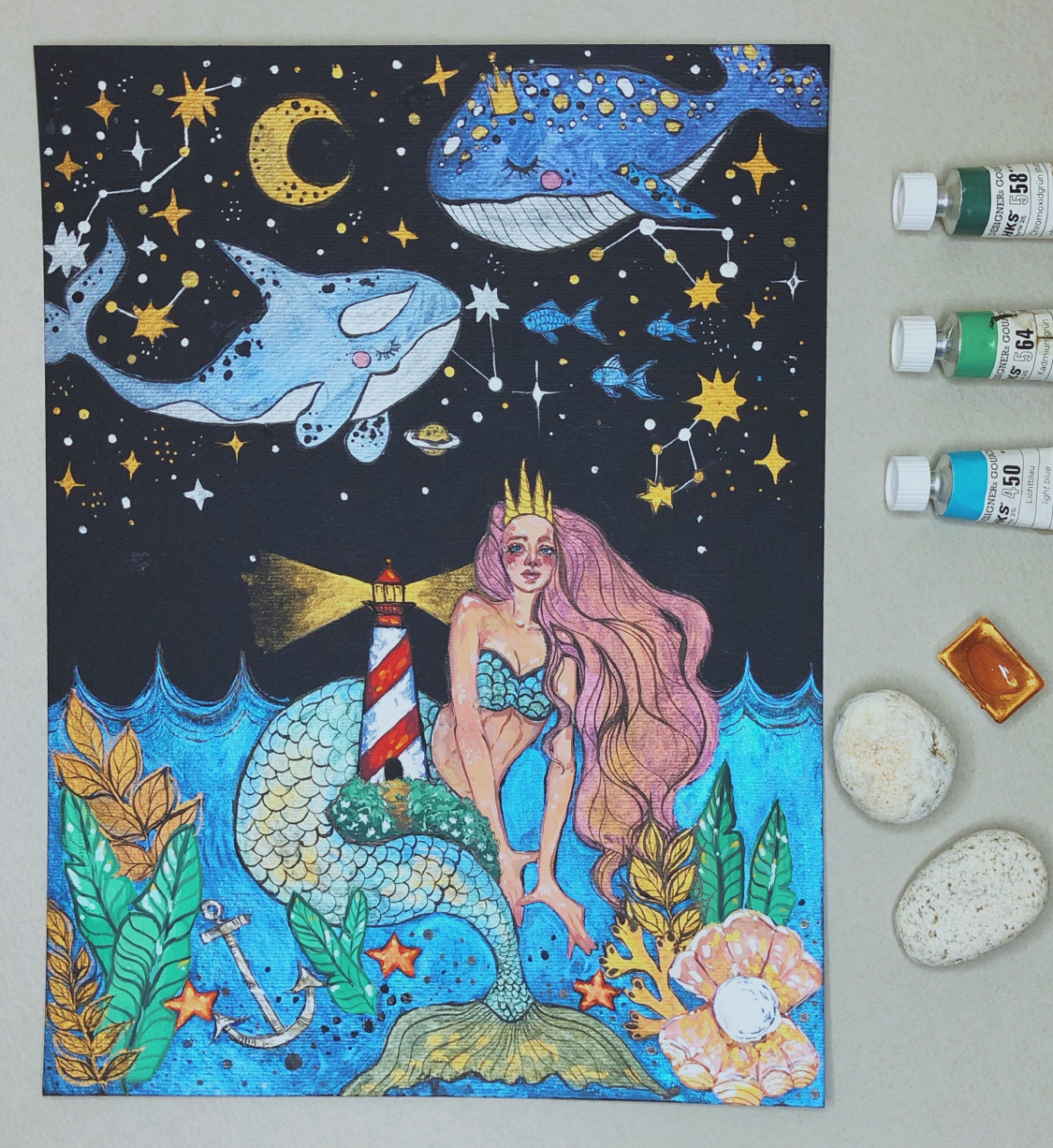 New experience with gouache - My, Watercolor, Gouache, Drawing, Mermaid, Illustrations