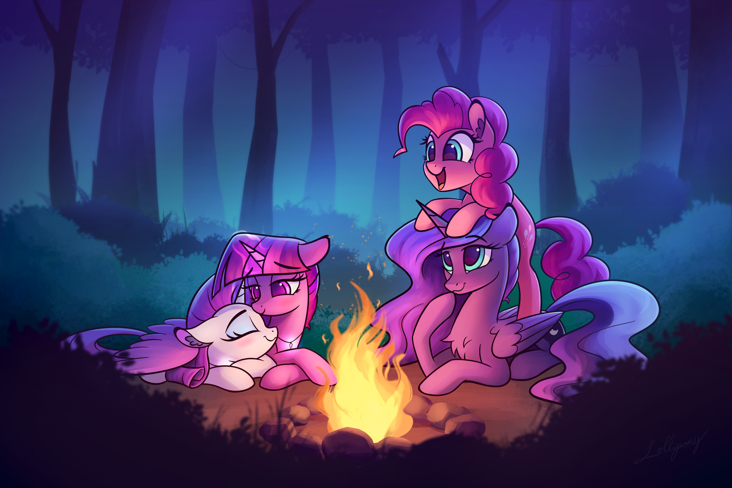 В  лесу у костра - My Little Pony, PonyArt, Twilight sparkle, Rarity, Pinkie Pie, Princess Luna, Lolliponybrony