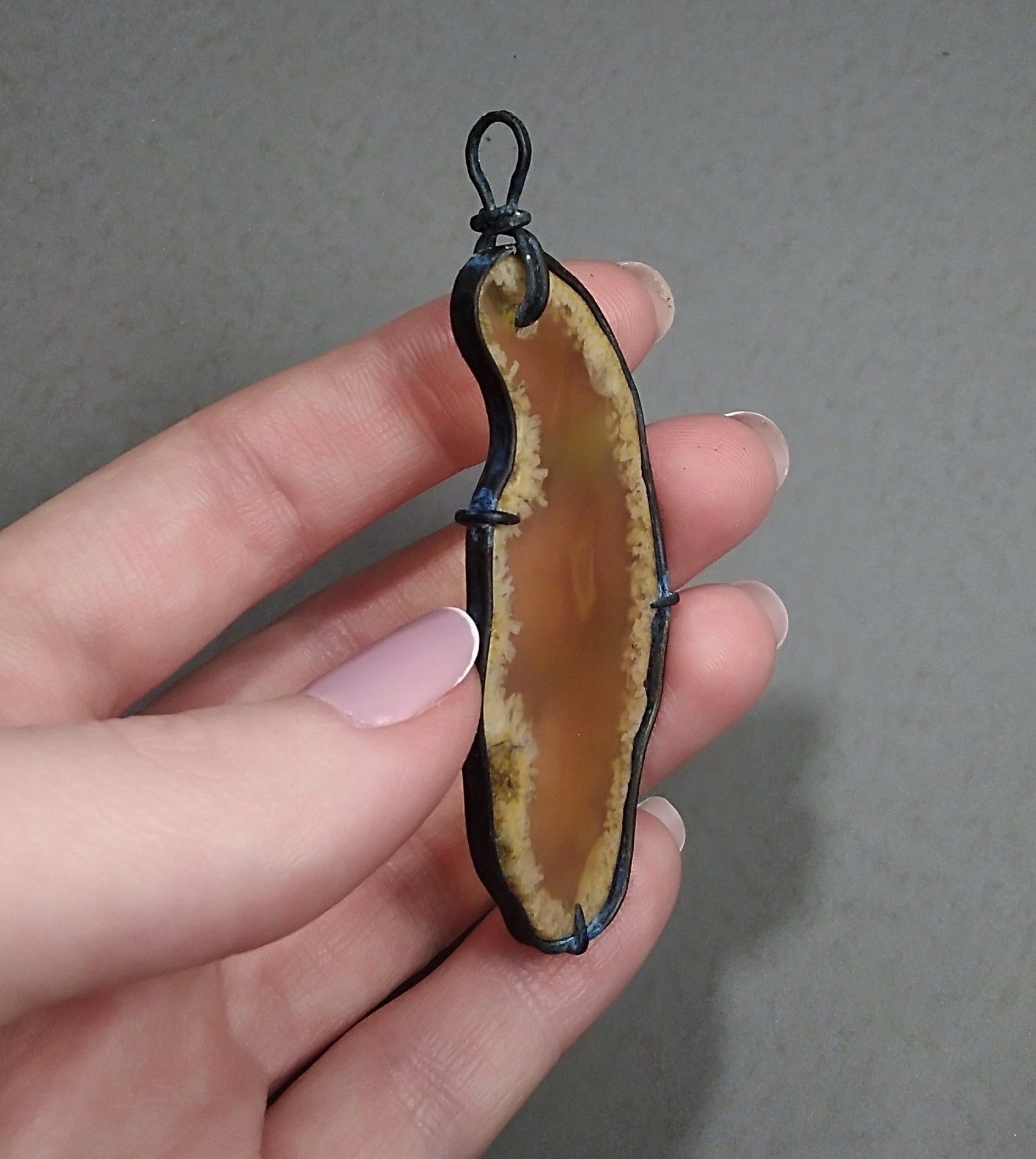 Pendant with agate (or maybe not with agate) - My, Handmade, Decoration, Needlework with process, Brass, Longpost