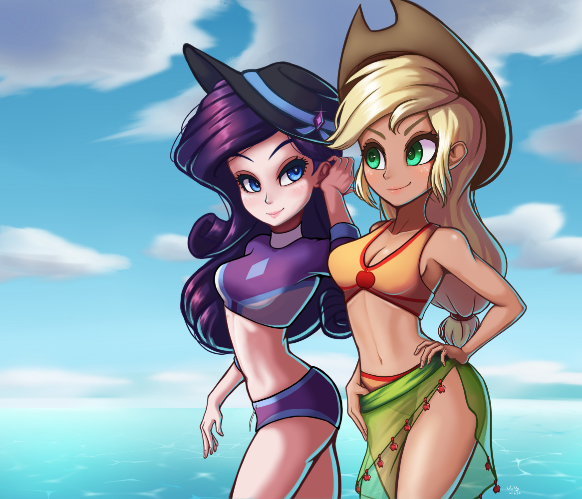 The girls swapped swimsuits - My little pony, Humanization, Applejack, Rarity, The-park