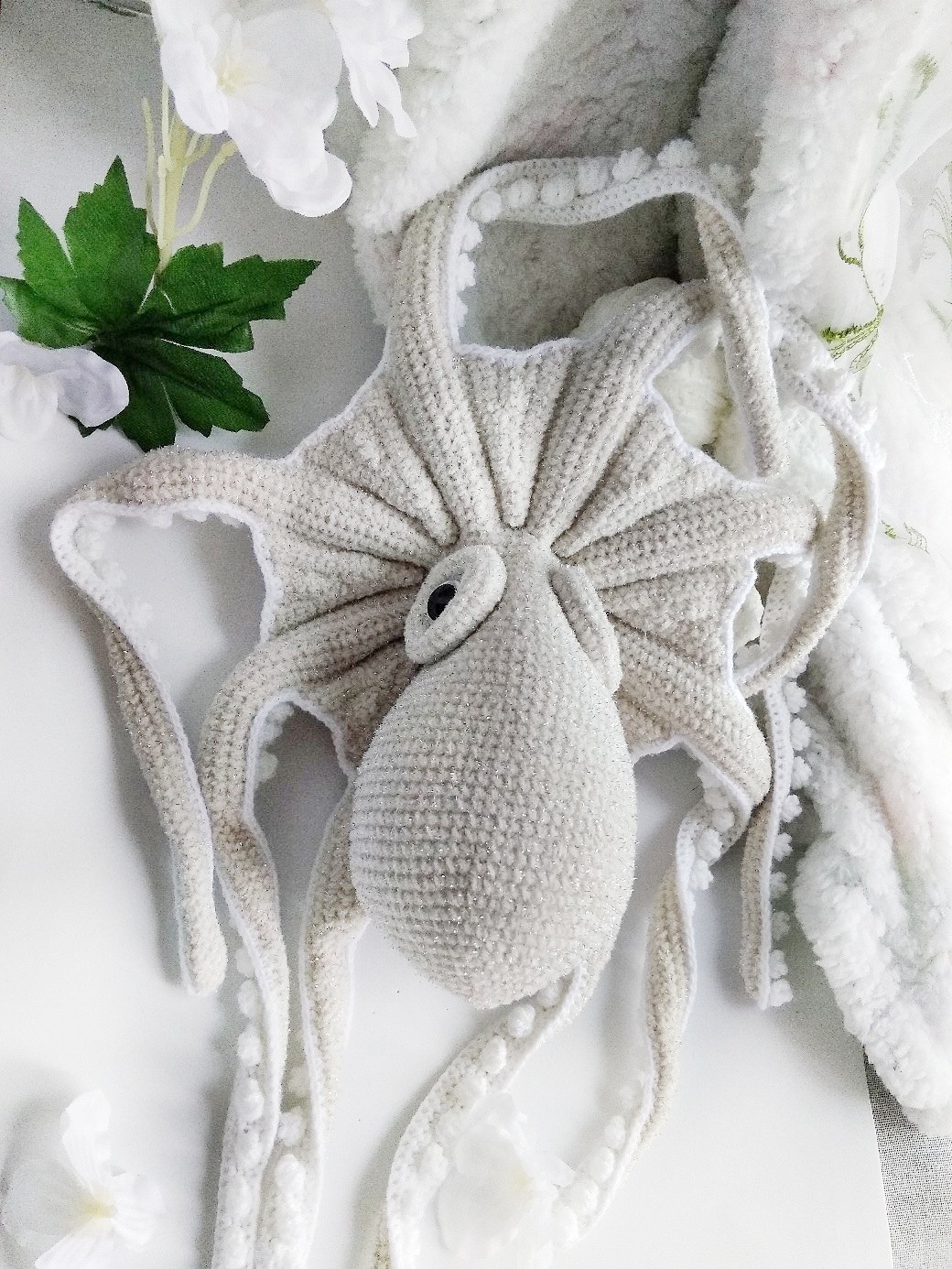 White on white - My, Octopus, Knitting, Crochet, Knitted toys, Longpost