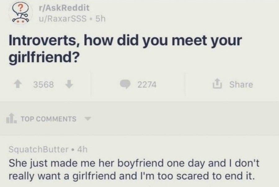 Volitional decision - Girls, Guys, Introvert, Acquaintance, Relationship, Askreddit, Screenshot, Picture with text