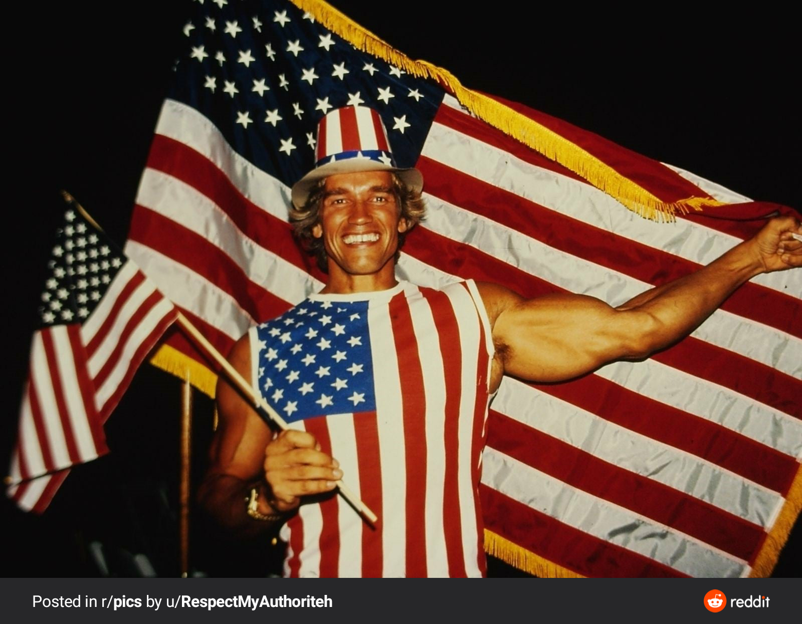 An Austrian expat celebrates becoming a US citizen. September 16, 1983 - Arnold Schwarzenegger, Reddit, USA, Migration, Flag