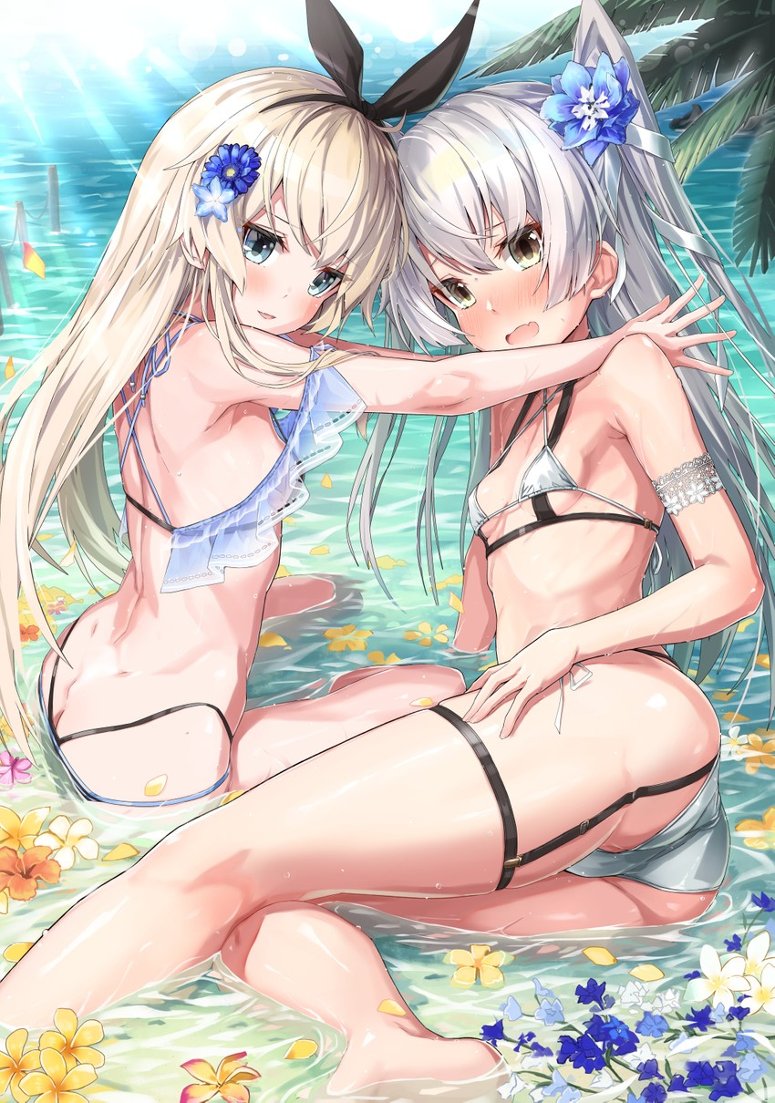 Bikini no Hi - Kantai collection, Johnston, Shimakaze, Amatsukaze, Anime, Anime art, Swimsuit, Bikini, Longpost