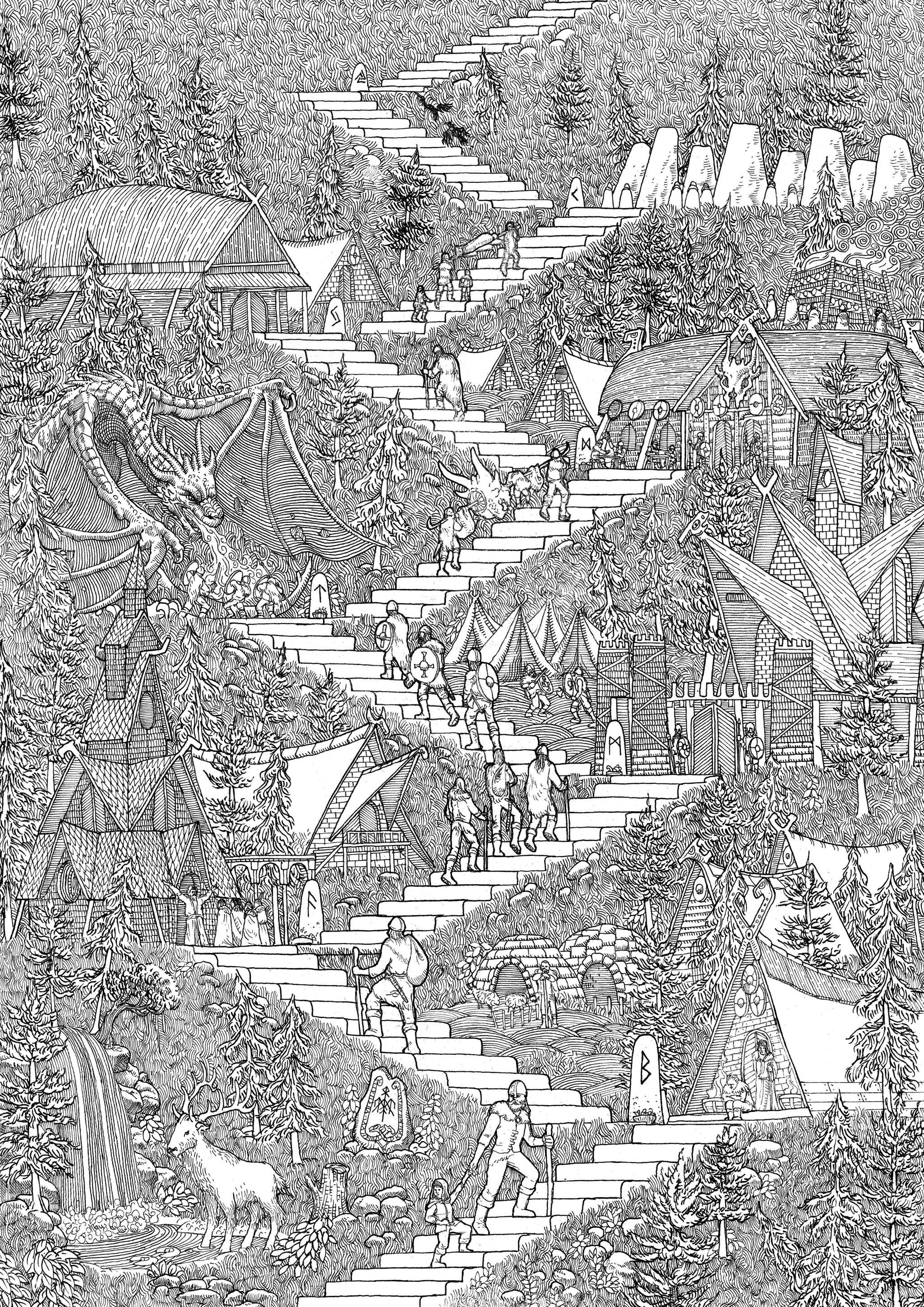 The coolest drawing The Path of the Legend (felt-tip pen, paper. 50 hours of work) - Drawing, Art, Scandinavia, Cool, Reddit, beauty, Scandinavian mythology, Detailing