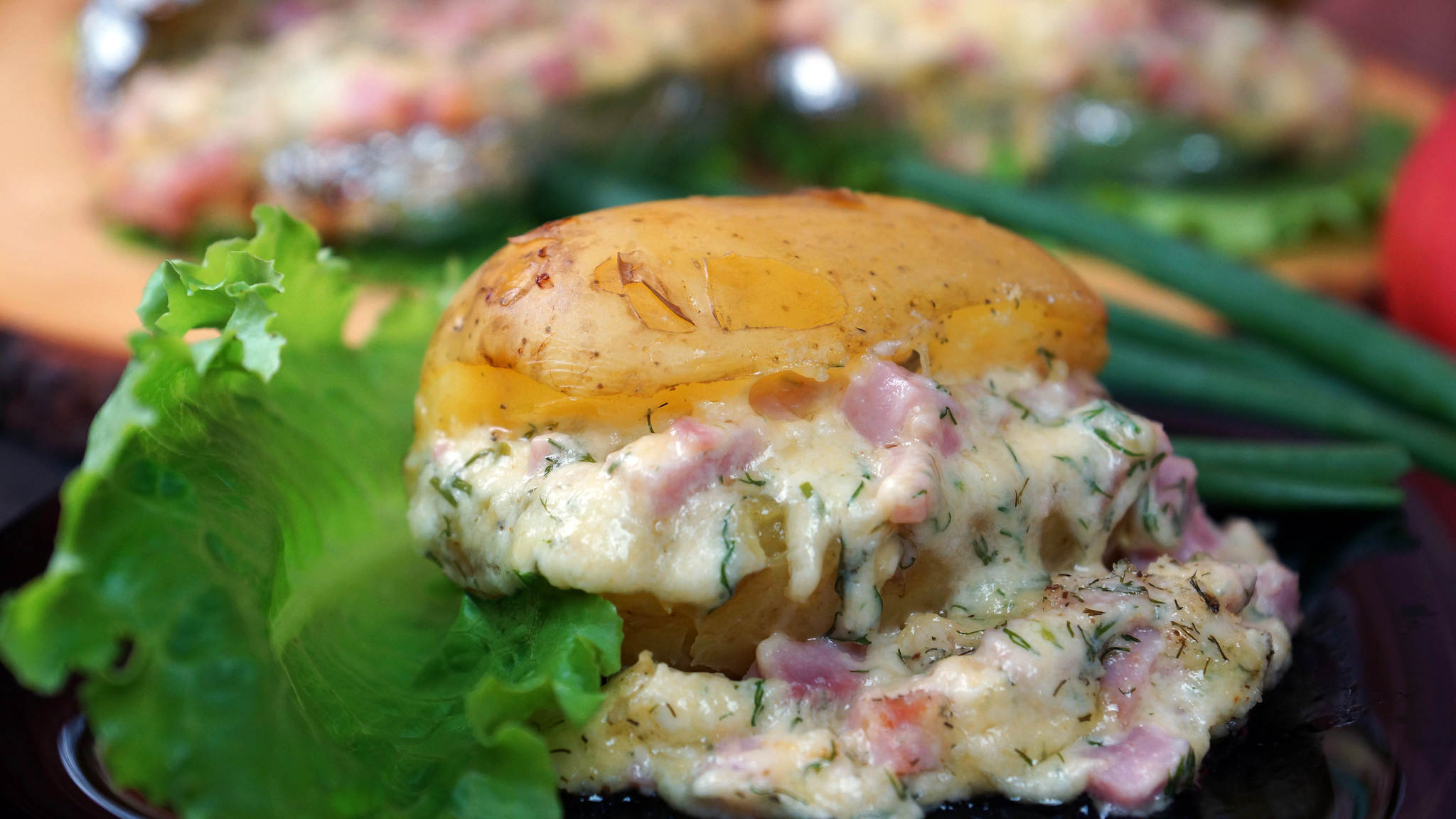 Baked potatoes with cheese and ham filling - My, Potato, Food, Recipe, Cooking, With grandfather at lunch, Video, Longpost, Video recipe, Baked potato