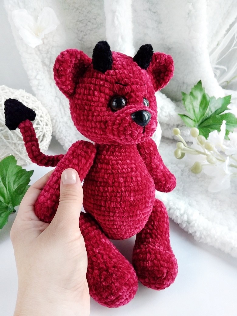 Plush Teddy Bear - My, Teddy bear, Red Devil, Knitted toys, Longpost