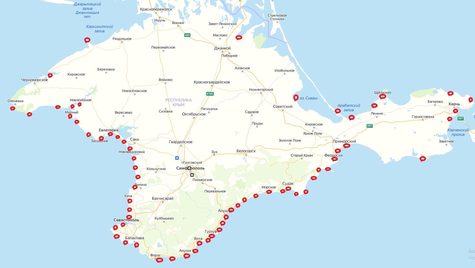Дикие пляжи Крыма на карте