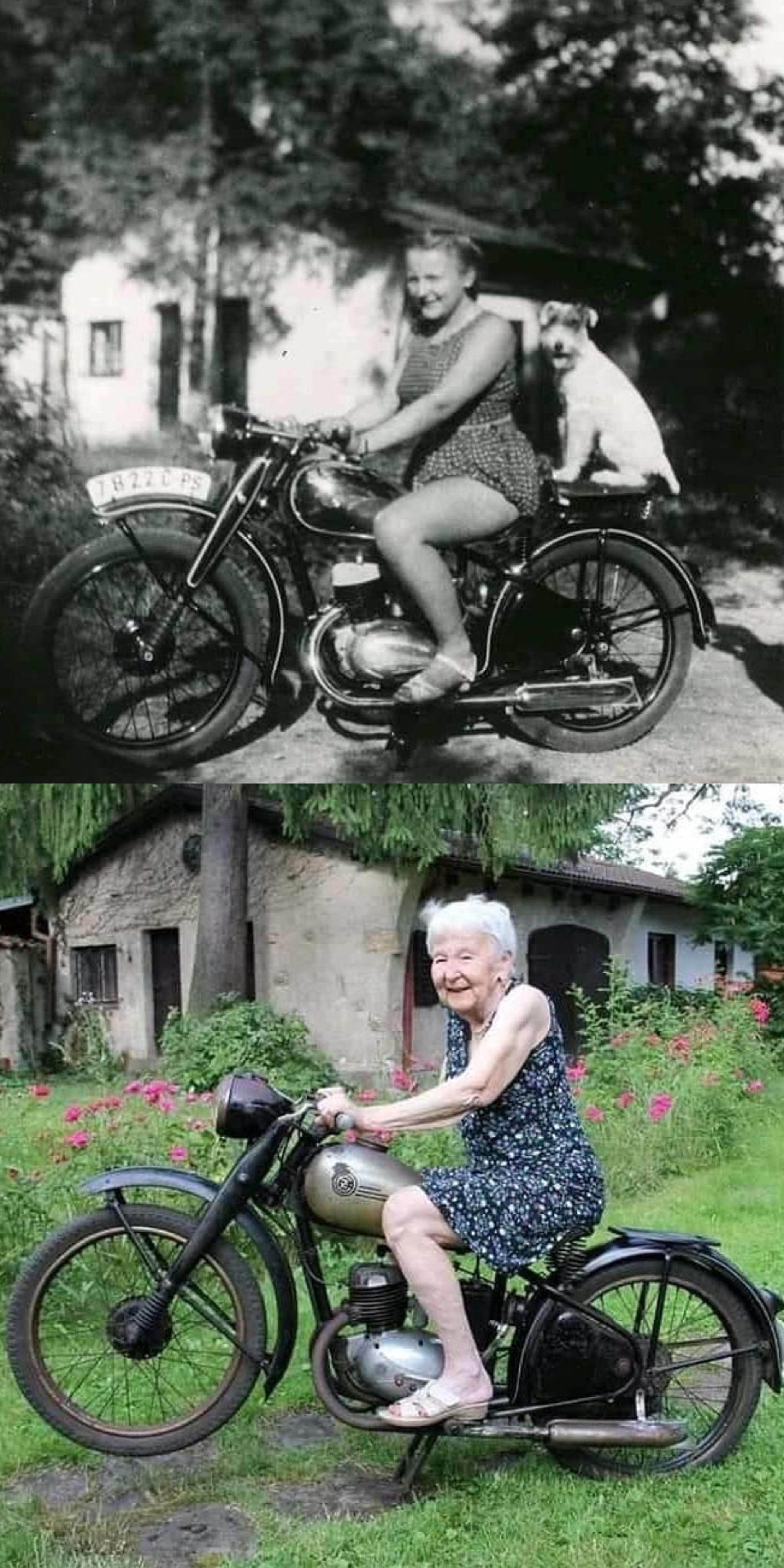 The same girl. Same bike. 71 years later... - It Was-It Was, Youth, Old age, Girls, Grandmother, Old photo, The photo, Moto