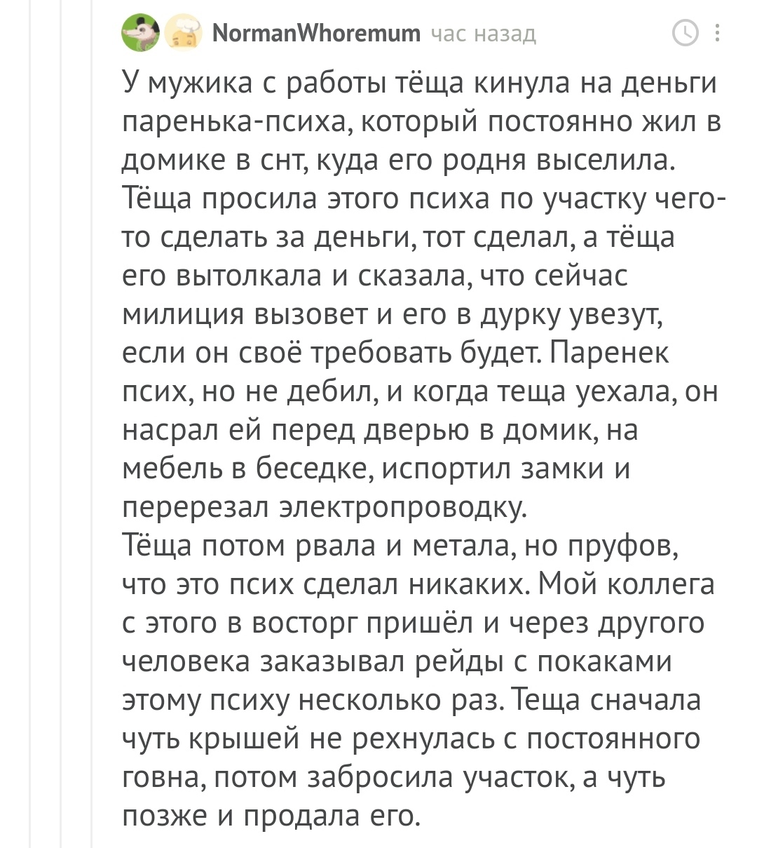 Тёща и псих - Теща, Фекалии, Псих, СНТ, Комментарии на Пикабу, Скриншот, Родственники