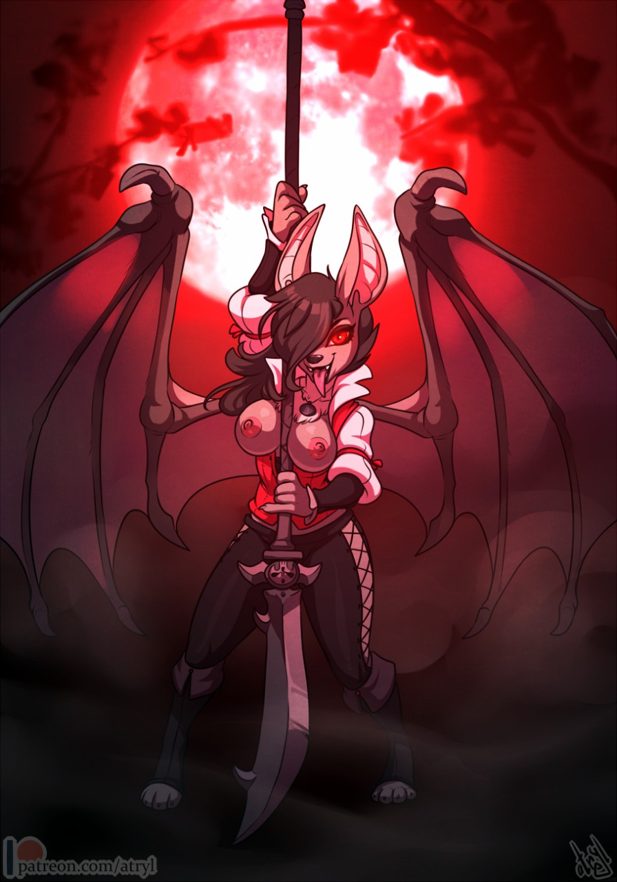 Bloody moon - NSFW, Furry, Art, Night, Bat, Furotica, Atryl, Weapon