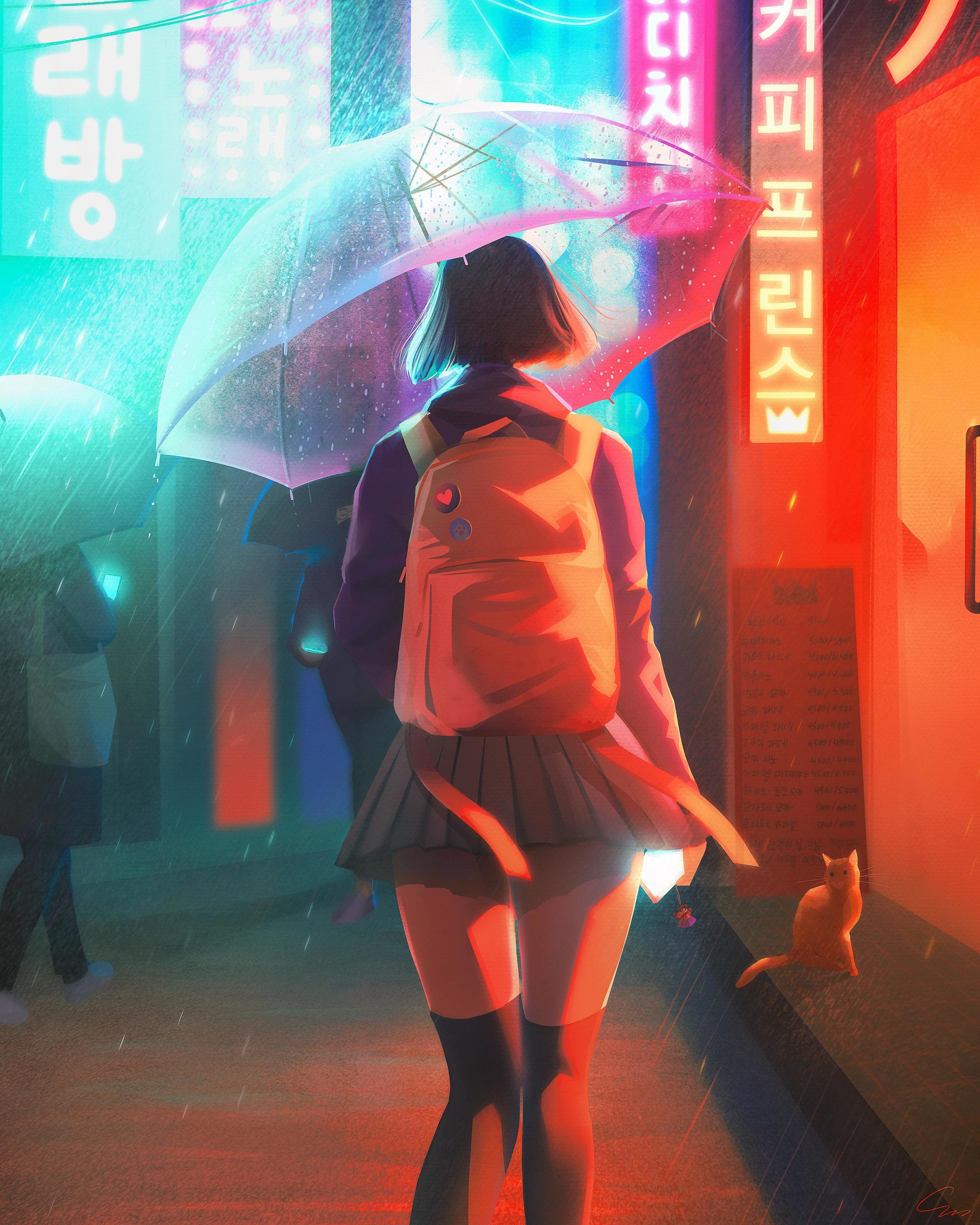 2:00 am - Drawing, Girls, cat, Night, Neon, Town, Art