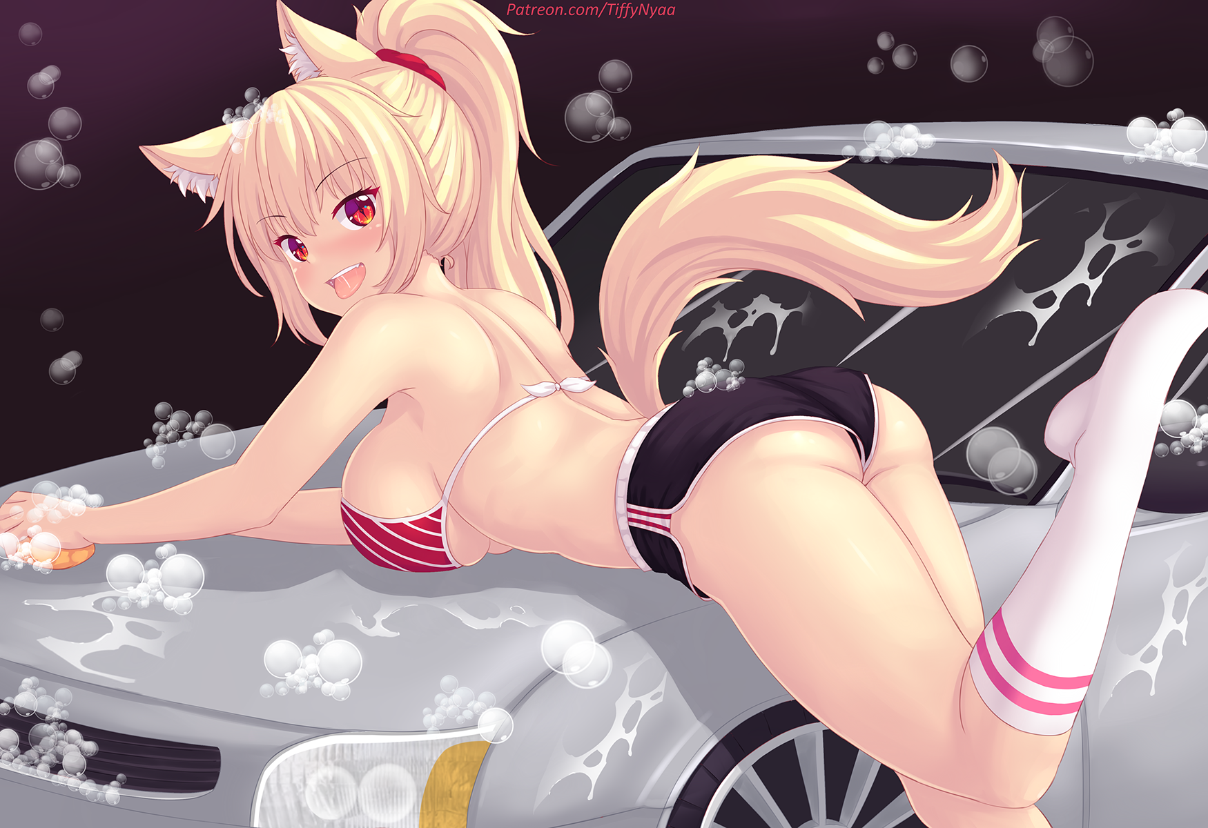 Tiffy's Car wash!! - NSFW, Anime, Anime art, Original character, Fastrunner2024, Tiffy, Animal ears, Breast, Longpost