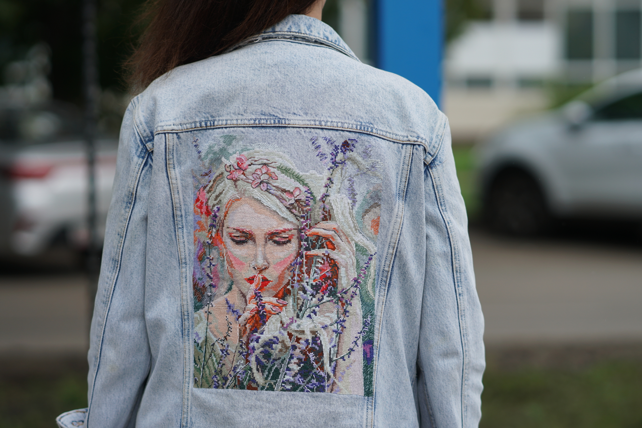 Listening to Silence on denim - My, Embroidery, Cross-stitch, Needlework without process, Denim, GIF, Longpost