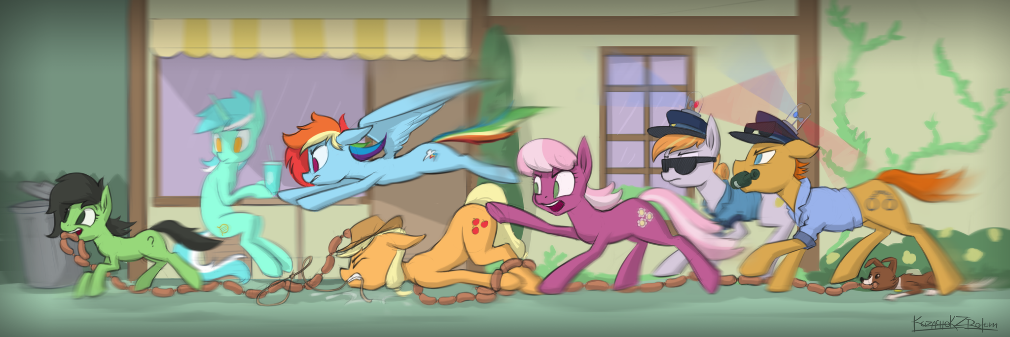 Chasing sausages - My little pony, Anon, Lyra heartstrings, Applejack, Rainbow dash, Cheerilee, Погоня, Winona