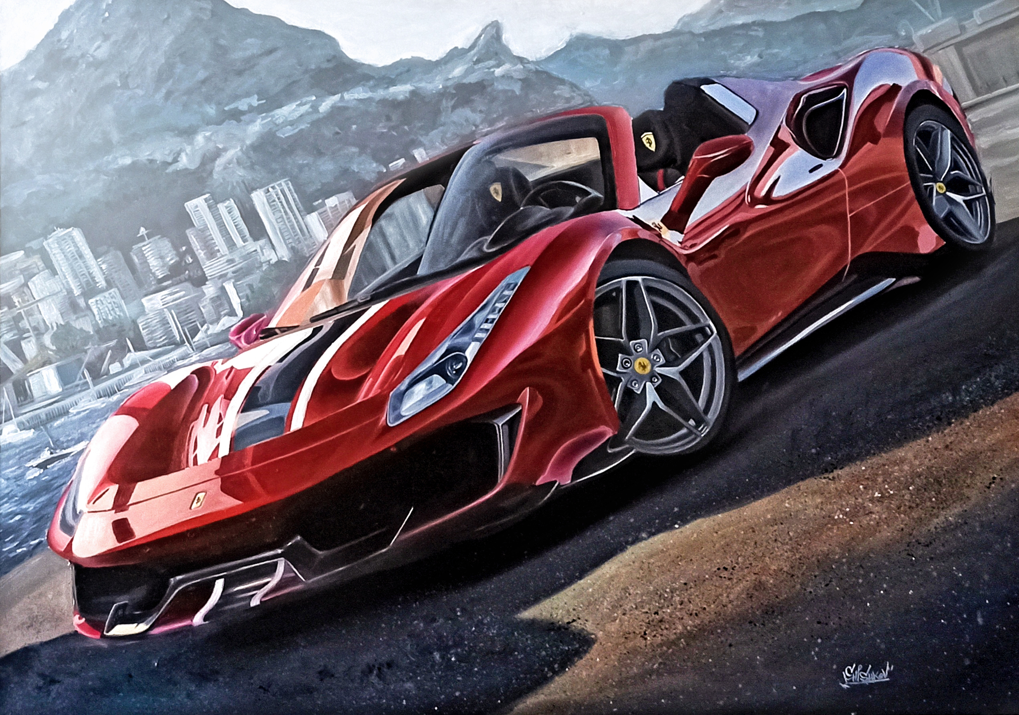 Oil painting Ferrari 488 Pista Spider - My, Oil painting, Monaco, Ferrari, Painting, Realism