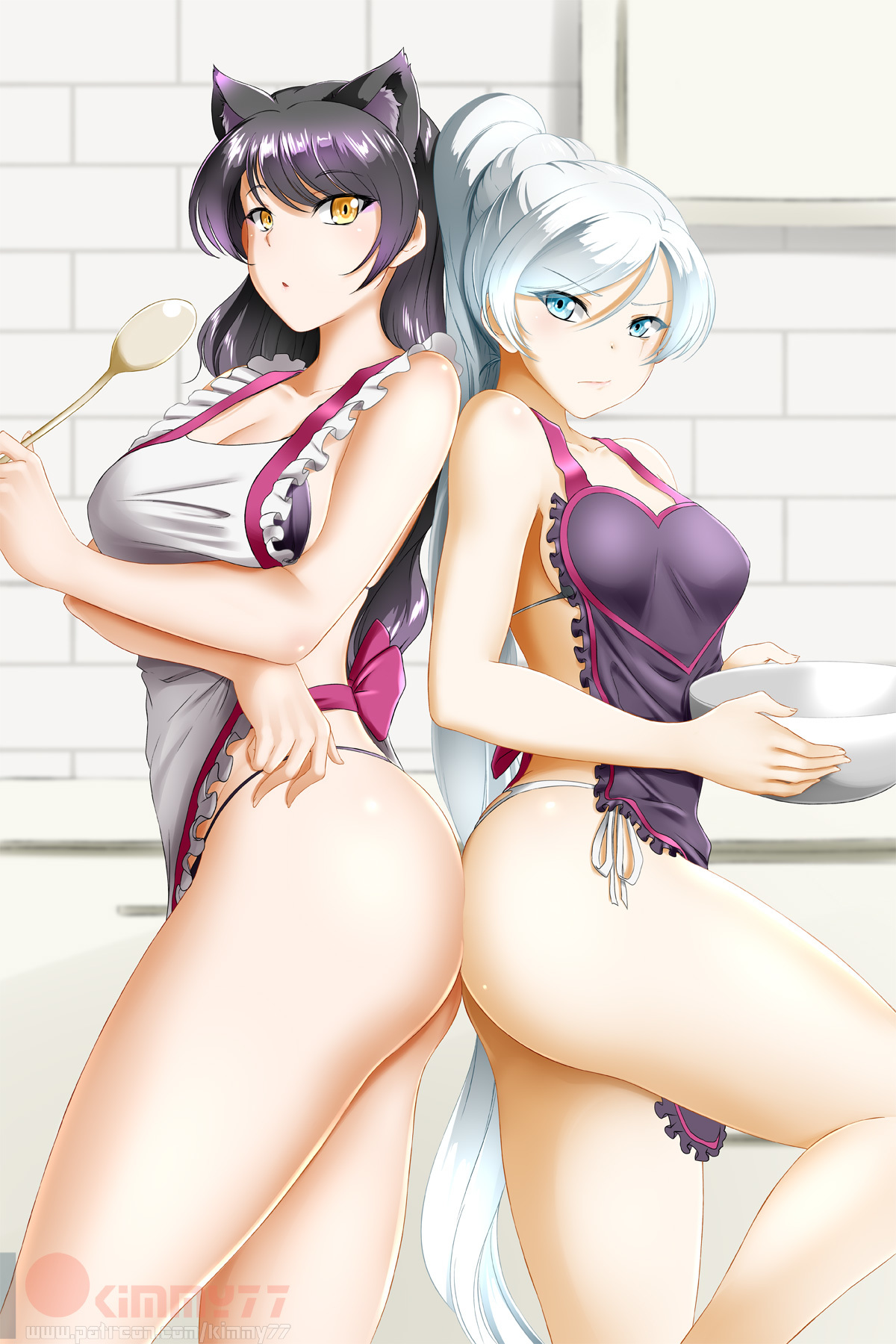 Blake and Weiss - NSFW, Аниме, RWBY, Anime Art, Blake Belladonna, Попа, Weiss Schnee, Animal Ears, Фартук