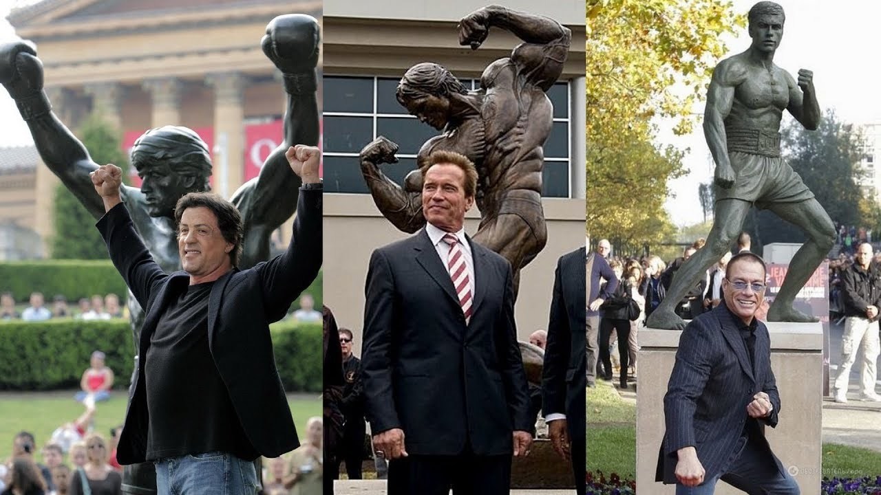 Action legends with their monuments - Monument, Arnold Schwarzenegger, Jean-Claude Van Damme, Sylvester Stallone, Actors and actresses, Celebrities