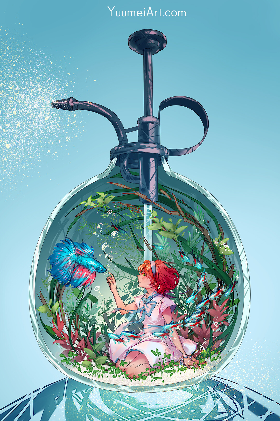 Terrarium Life: Betta and Tetra - Арт, Рисунок, Террариум, Пульверизатор, Девушки, Yuumei