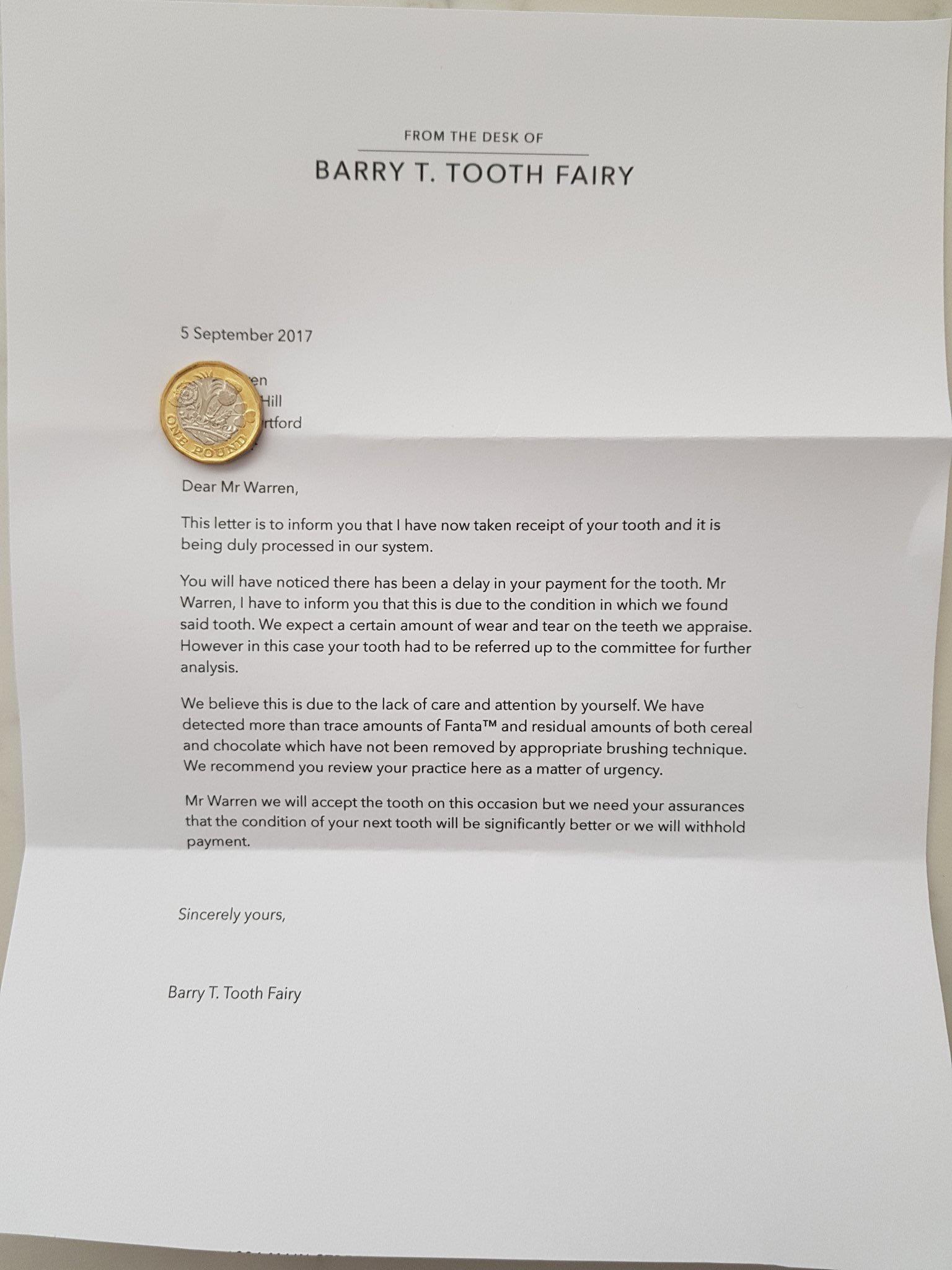 Letter from the Tooth Fairy - Tooth Fairy, Letter, Teeth, Baby teeth, Teeth cleaning, Hygiene, Children, Humor, Payment, Translation, Translated by myself