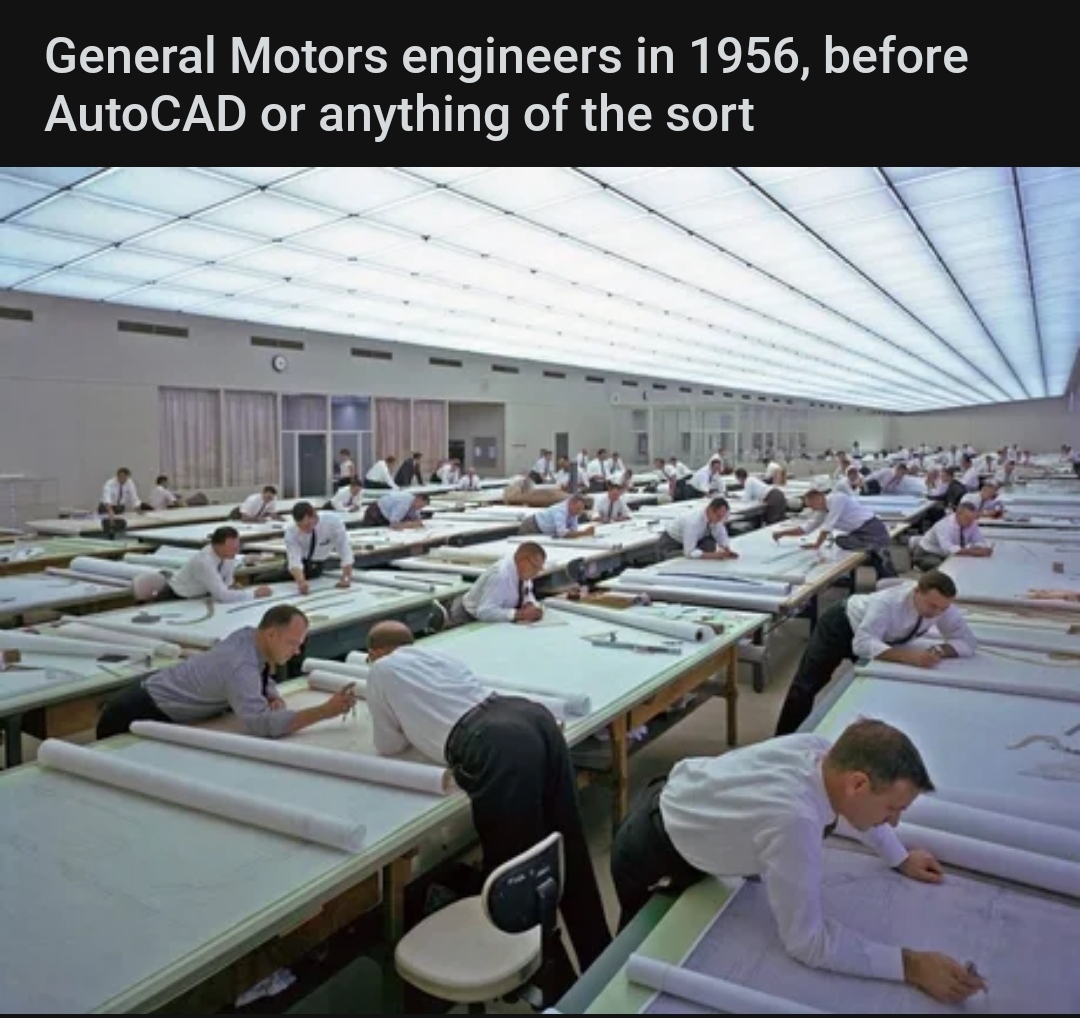 General Motors engineers in 1956, before AutoCAD or anything like that - Engineer, 1956, Story, Picture with text, Design, Auto, General Motors, Sapr