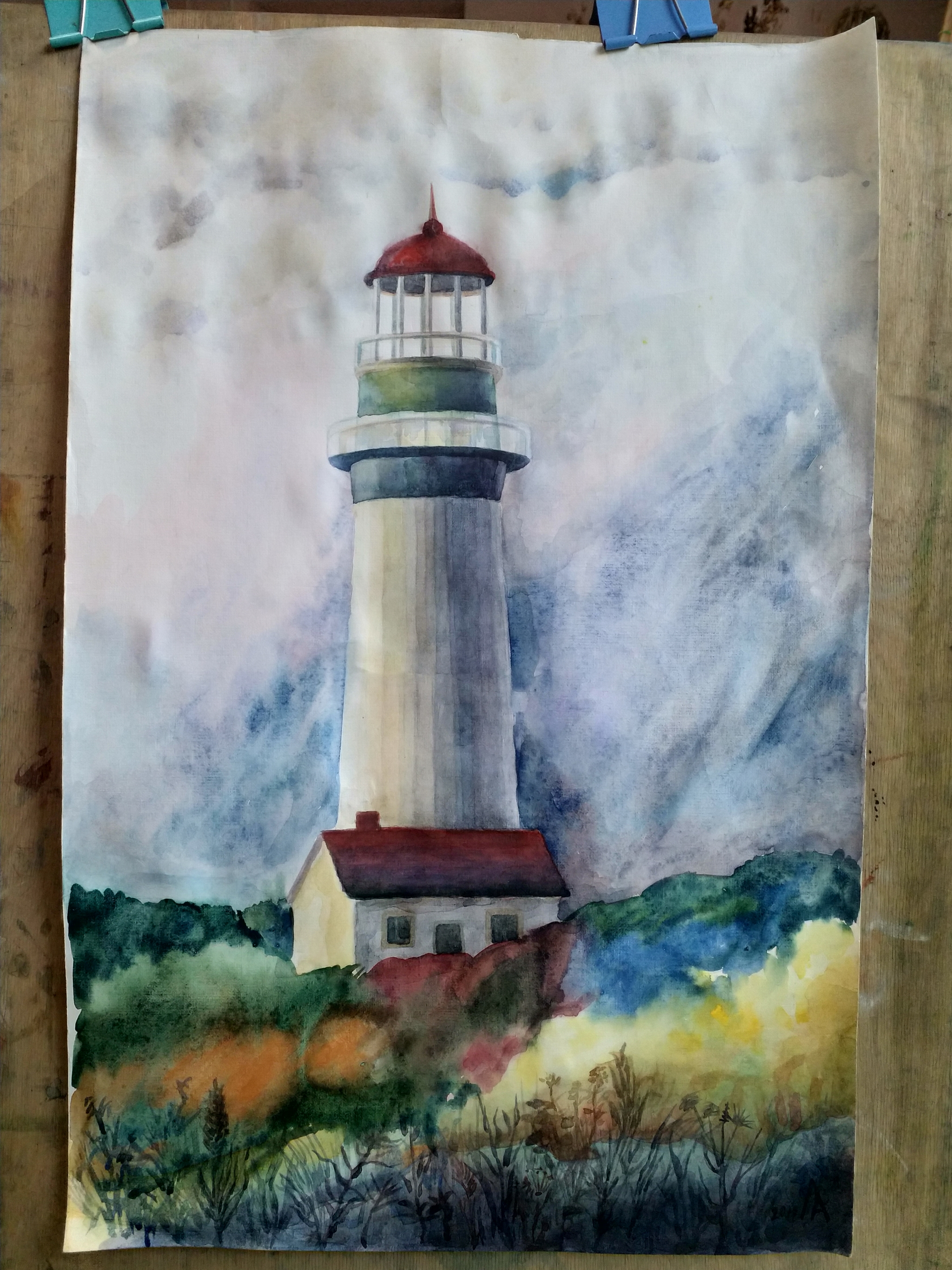 The lighthouse. (paper, watercolors) - My, Lighthouse, Artist, Painting, Landscape, Summer, Watercolor, Sky, Longpost