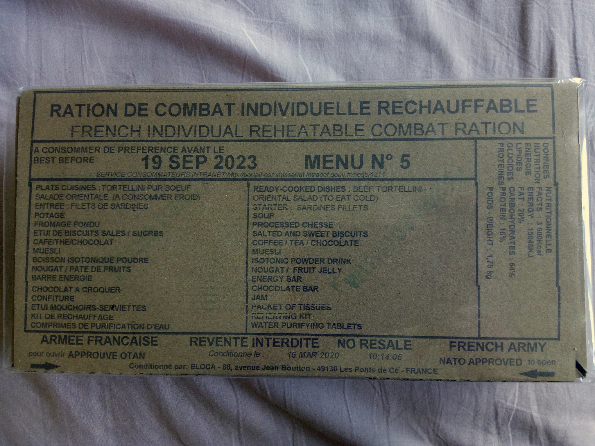 MENU N° 8 - Ration Combat Militaire Armee Francaise – Rcir * Neuf