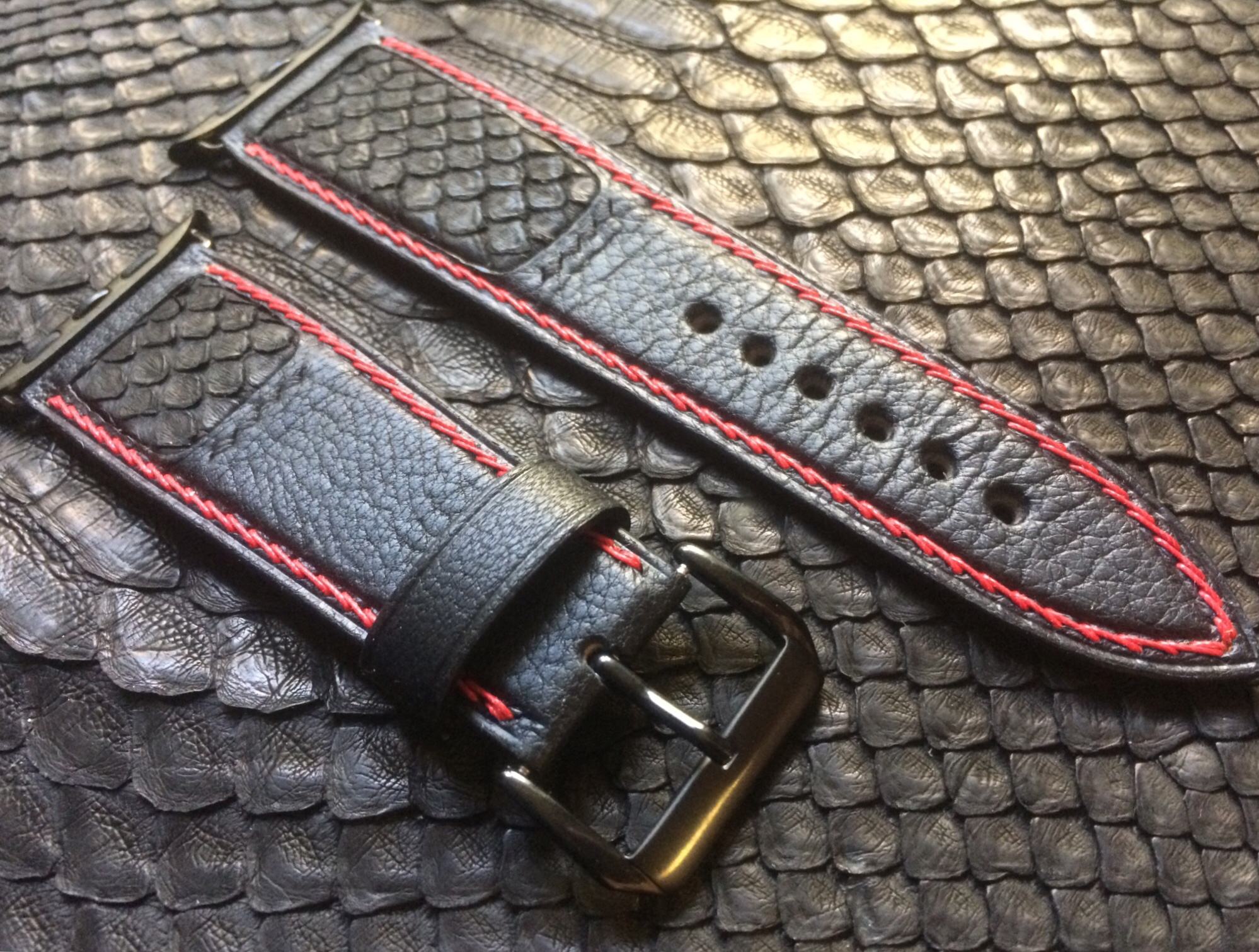 Handmade strap with python leather element. (Apple fasteners - example) - My, Leather products, Leather, Strap, Handmade, Needlework without process, With your own hands, Longpost