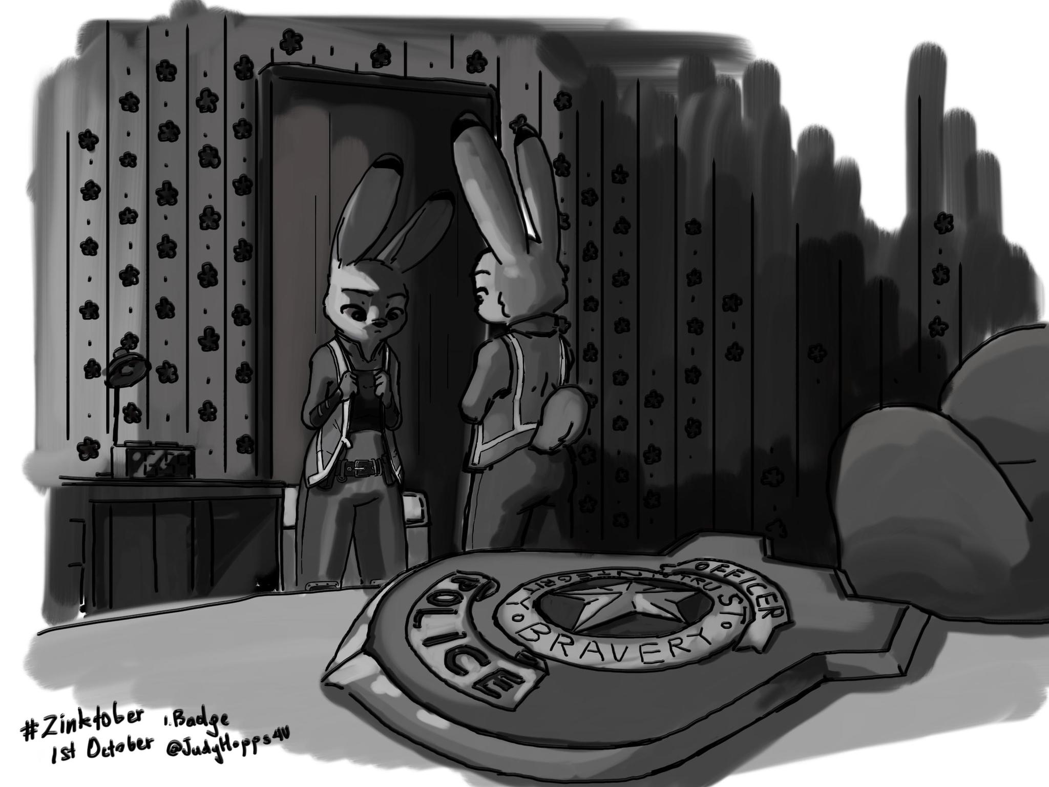 Zinktober - 2020. Day 1: Badge - Zootopia, Judy hopps, Nick wilde, Nick and Judy, Sketch, Inktober, Longpost, Zinktober