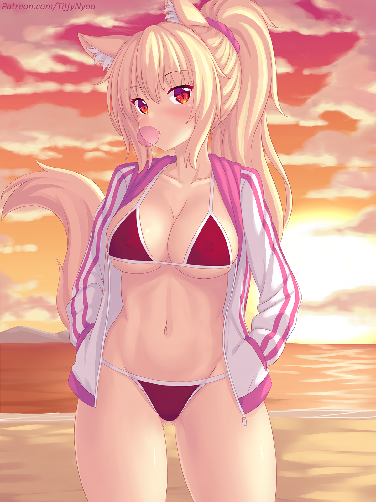 On the beach - NSFW, Anime art, Art, Erotic, Original character, Animal ears, Pantsu, Tiffy, Swimsuit, Anime