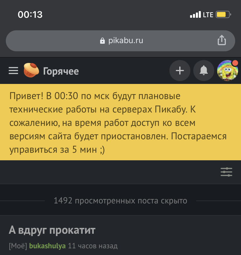 When you just logged into Pikabu and they tell you about technical work - Screenshot, Peekaboo, Engineering works