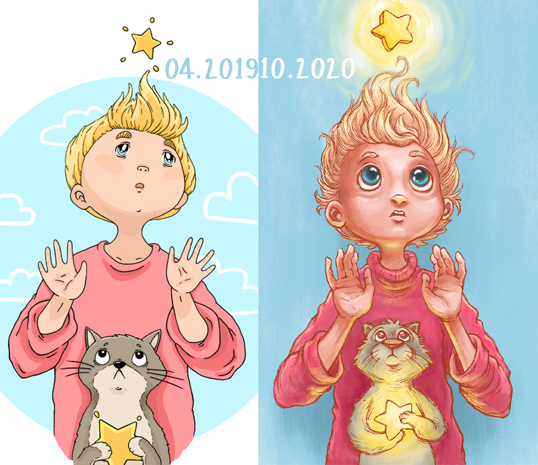 Мальчик и кот (2019 VS 2020) - Моё, Procreate, Бобёр рисует, Скетч, Иллюстрации, Цифровой рисунок, Прогресс, Кот, Видео, Длиннопост