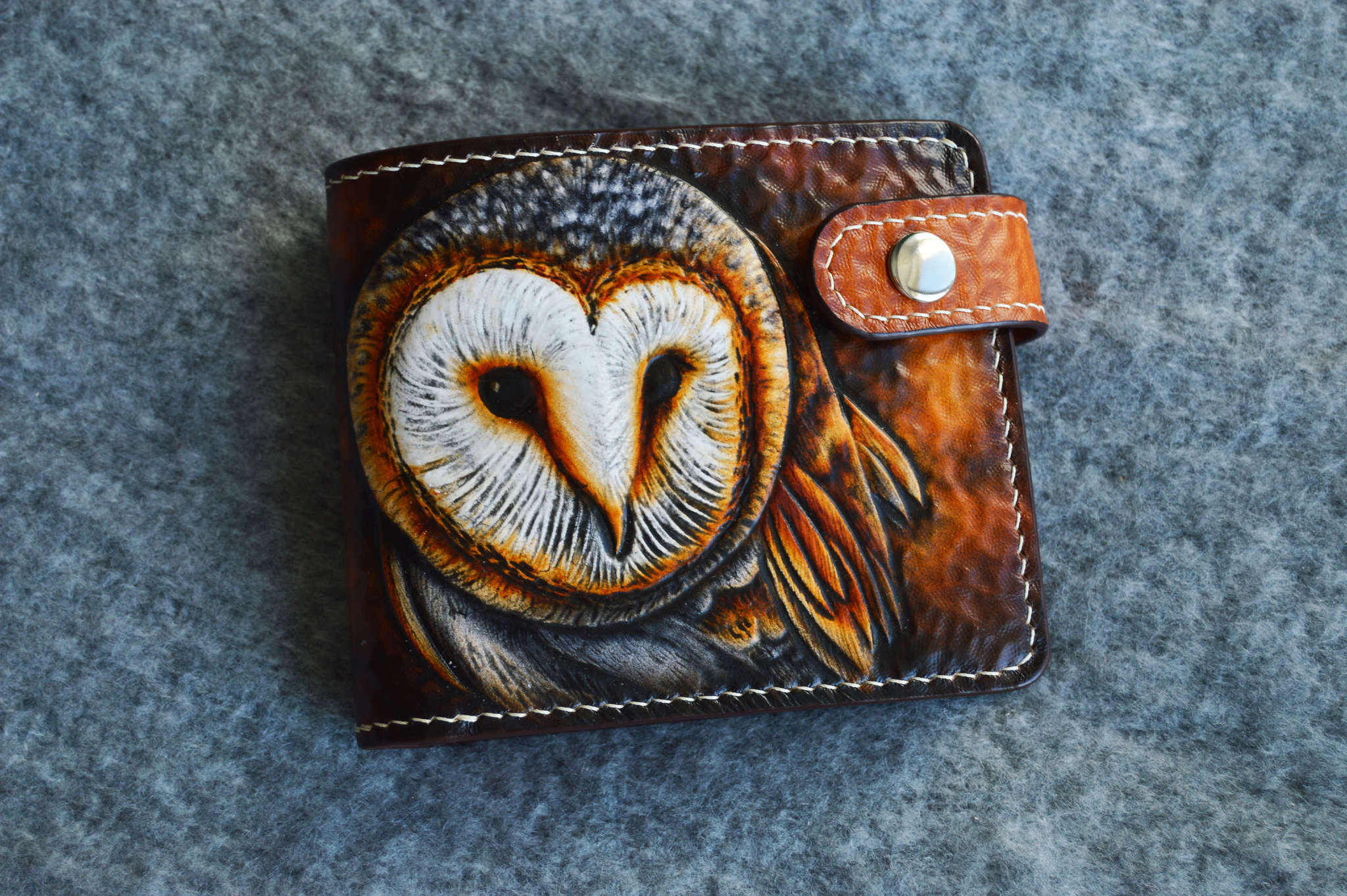 Short wallet with barn owl embossing - My, Owl, Barn owl, Wallet, Leather, Embossing on leather, Needlework without process, Longpost