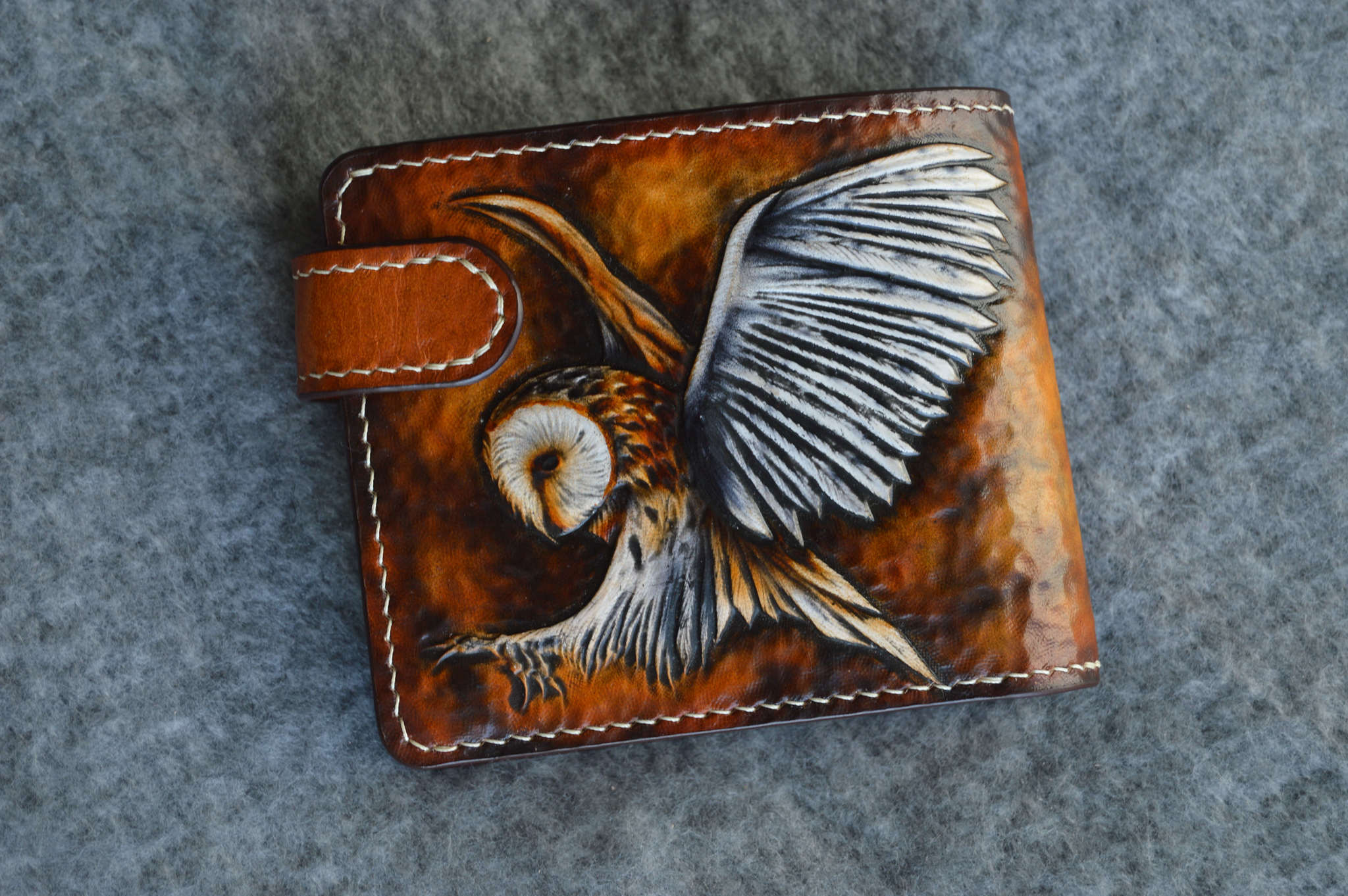 Short wallet with barn owl embossing - My, Owl, Barn owl, Wallet, Leather, Embossing on leather, Needlework without process, Longpost