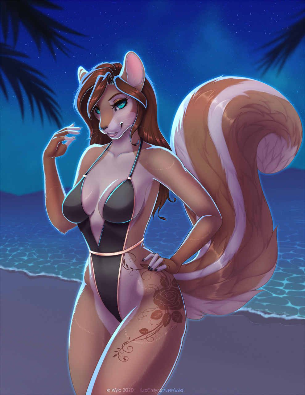 Night squirrel - NSFW, Furry, Art, Furry edge, Swimsuit, Night, Sea, Furry squirrel, Tattoo, Wyla