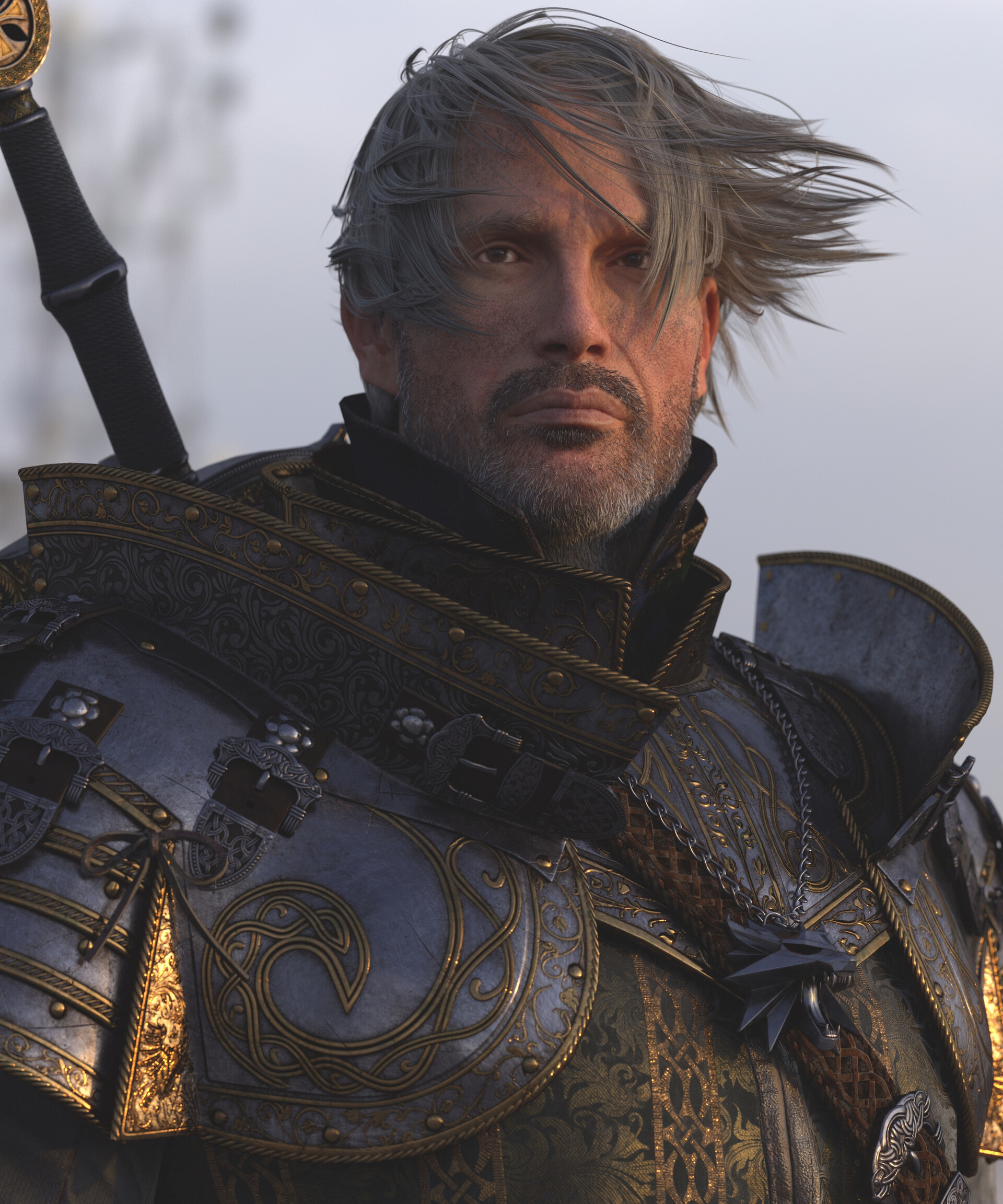 Mads Mikkelsen as Geralt - Art, Render, 3D, 3D modeling, Witcher, Geralt of Rivia, Mads Mikkelsen, Longpost, Actors and actresses