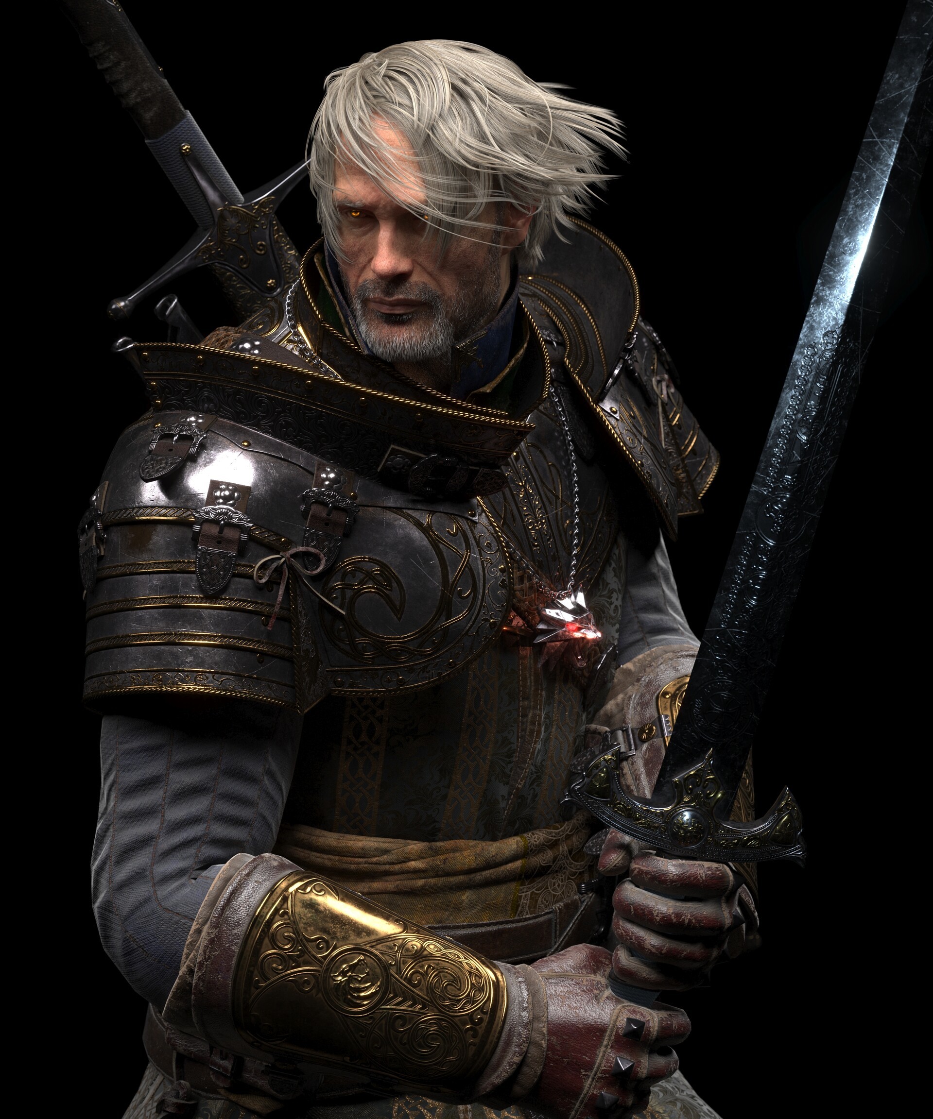 Mads Mikkelsen as Geralt - Art, Render, 3D, 3D modeling, Witcher, Geralt of Rivia, Mads Mikkelsen, Longpost, Actors and actresses