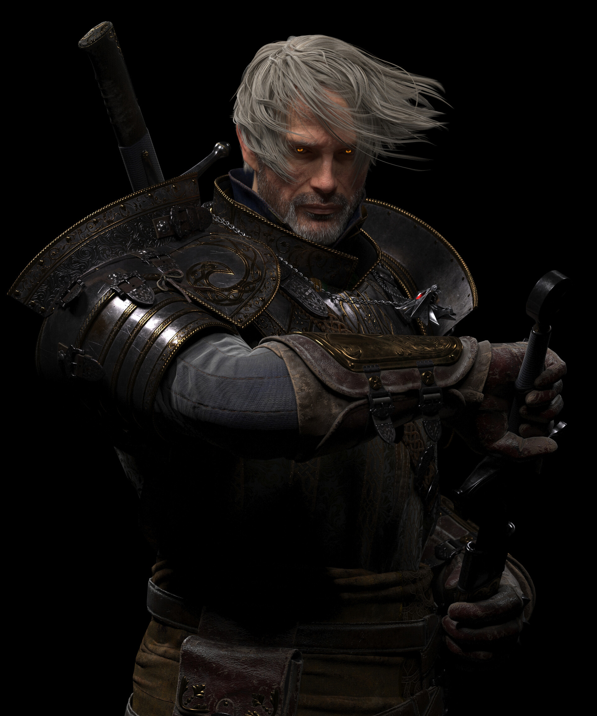 Mads Mikkelsen as Geralt - Art, Render, 3D, 3D modeling, Witcher, Geralt of Rivia, Mads Mikkelsen, Longpost, Actors and actresses