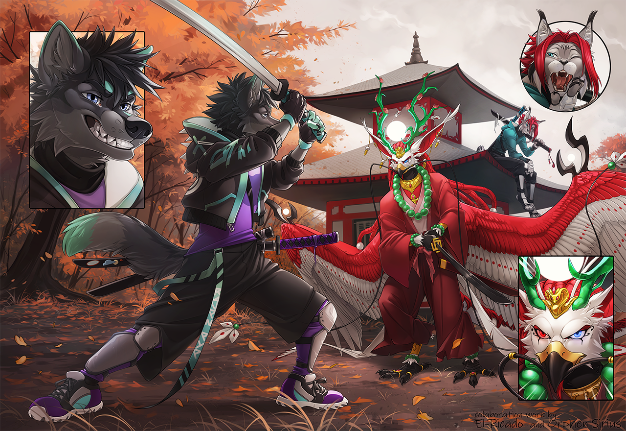 Confrontation - Furry, Art, Weapon, Japan, Autumn, Furry canine, Furry lynx, Sword, Collab, Orphen sirius, El-Ricado